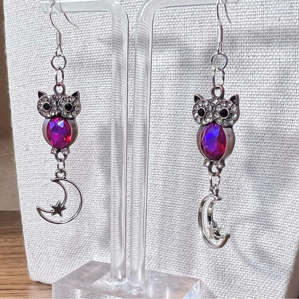 Pink Gemstone Artisan Owl Earrings w/ Drop Moon Detail